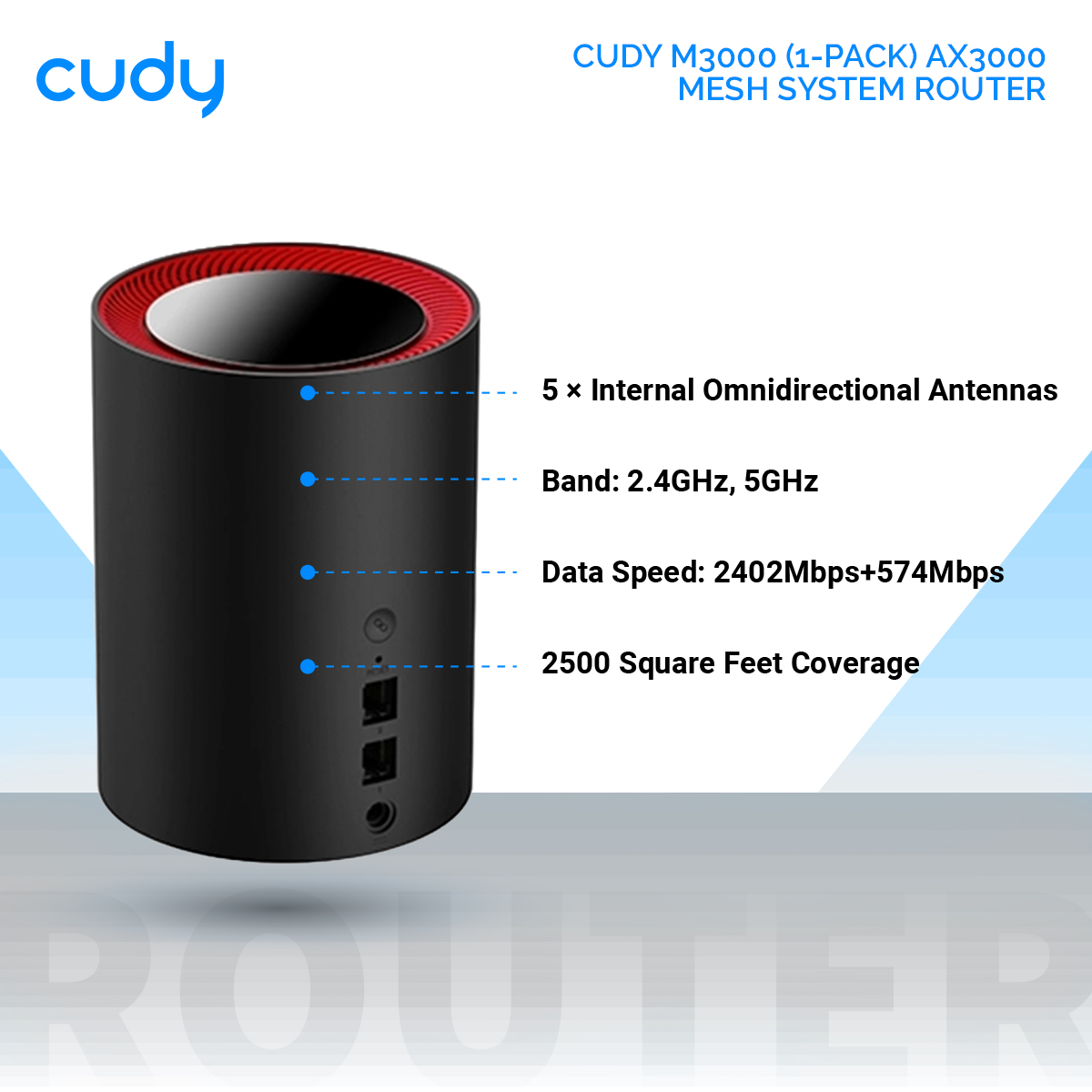 CUDY M3000 (1-Pack) AX3000 2.5G Dual Band Wi-Fi 6 Mesh System Router. 