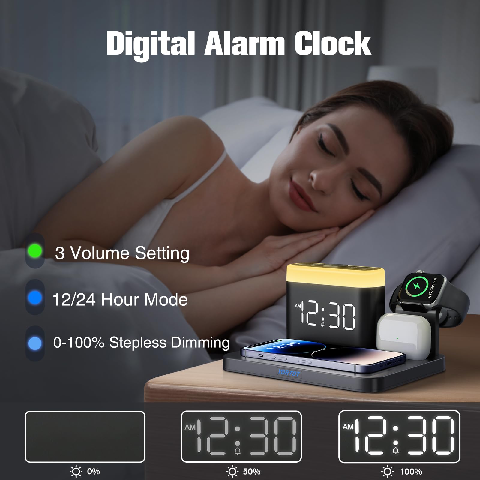 YORTOT Wireless Charging Station-5 in 1 Wireless Charger Alarm Clock, 7 Night Lights, iPhone/AirPods Charging Dock/Apple Watch Compatible-Option - American Plug. 