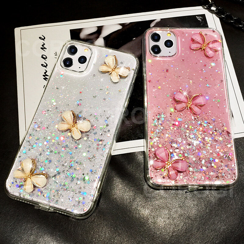 For 8 Plus/7 Plus back cover luxury 3D shiny rhinestone butterfly glitter sequins starry girl case clear soft TPU silicone protective mobile phone case. 