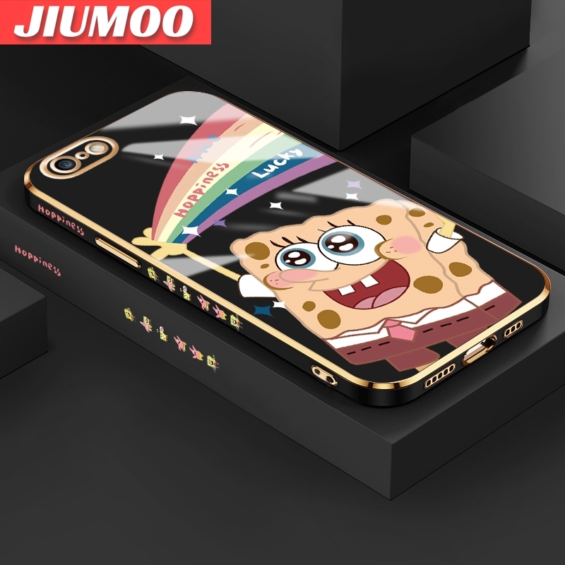 JIUMOO For IPhone 6 6s Case Cartoon Cute SpongeBob Fake Side Design Luxury Plating Phone Case Square Edge Pattern Liquid Silicone Casing Full Cover Camera Soft Protection Cases. 