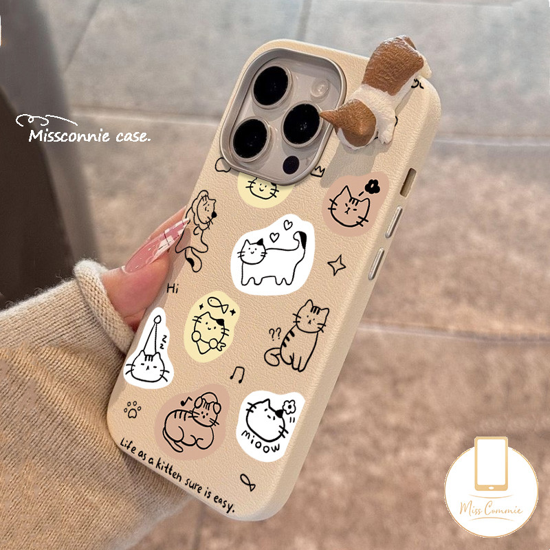 Cartoon Stick Figure Cat Kitten Lovely 3D DIY Doll Cat Case Compatible for IPhone 16 11 12 15 14 13 Pro Max XR X 15 14 16 Plus XS Max Luxury Metal Lens Frame Leather Texture Case. 