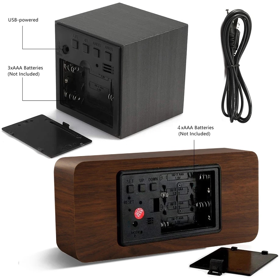 Wooden Digital Clock Multi-function LED Alarm Clock with Time/ Date/ Temperature Display and Voice Control for Home Office Trave. 