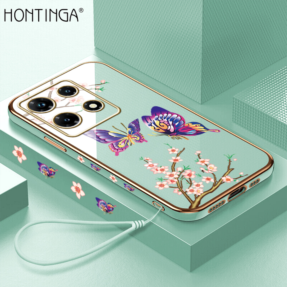 Hontinga for Infinix Note 30 Pro Back Cover With Free Strap Luxury 6D Plating Pretty butterfly Side Pattern Case Soft Silicone Square Mobile Cover