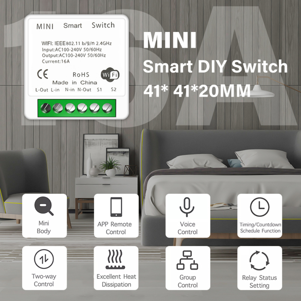 【Ready stock】16A MINI Wifi Smart Switch Supporte 2-way control Timer Wireless Switches Smart Home Automation Compatible with Tuya Alexa Google Home. 