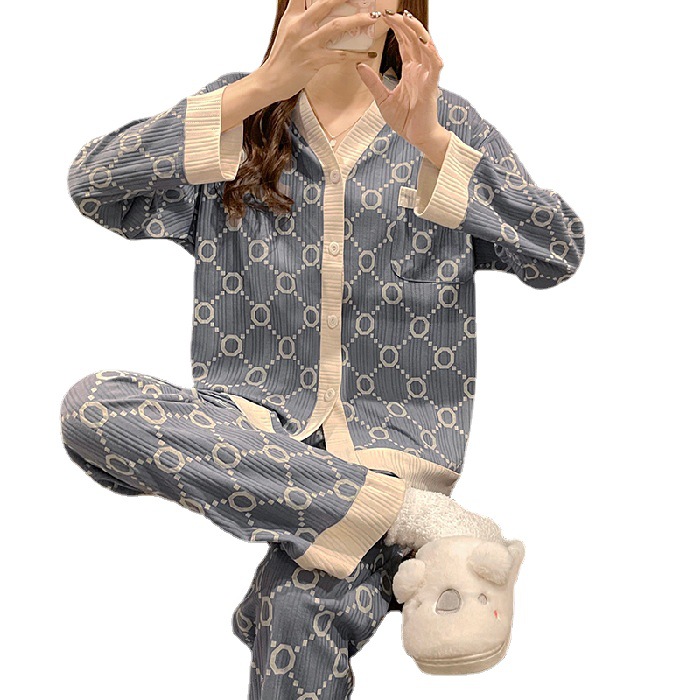 ins korean version circle circle small fragrance wind pajamas women's long sleeves and trousers with pockets loose v-neck foreign trade cross-border loungewear. 