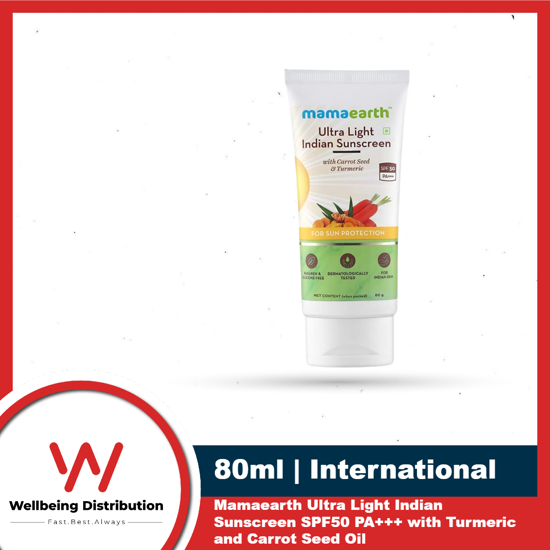 Mamaearth Ultra Light Indian Sunscreen 80ml SPF50 PA+++ with Turmeric and Carrot Seed Oil For Dry | Normal | Oily | Sensitive Skin Broad Spectrum Moisturizing UVA/UVB