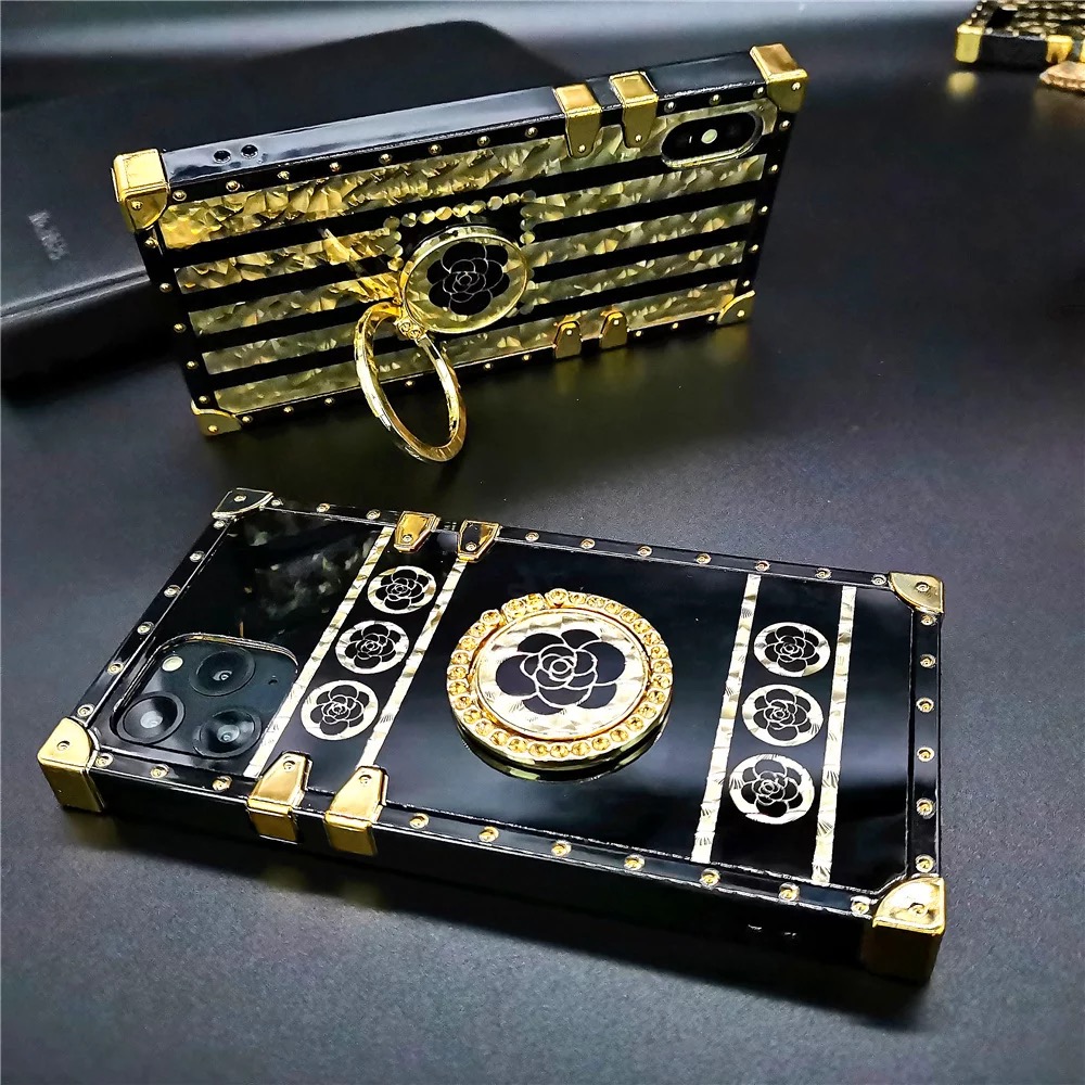 iPhone 12 pro max Luxury soft phone case with golden ghost flower ring for iPhone, compatible models. 