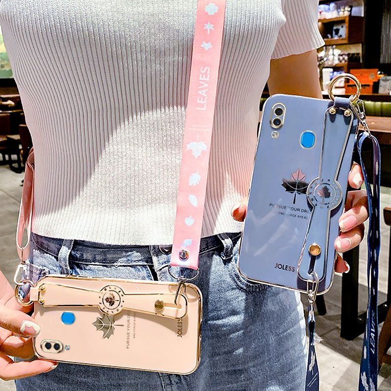 For Samsung Galaxy A30 A20 Back Cover with Lanyard + Wristband Fashion Shiny Maple Leaf Plating Bumper Stand Holder Case Camera Protection Soft Silicone Mobile Phone Cases. 