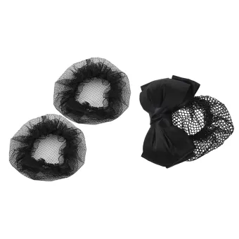 1x Woman Black Two Layers Polyester Bowtie Hair Bun Cover Hairclip