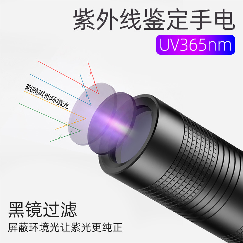 Shenyu UV365 purple light ultraviolet flashlight nail lamp charging money detector black mirror fluorescent agent identification jade. 