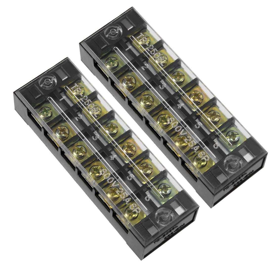 Terminal Block With Cover Connector TB-2506 600V 25A 6-Pole Double Row Screw Fixed Barrier Wire Crimp 6 Position Panel Mount. 