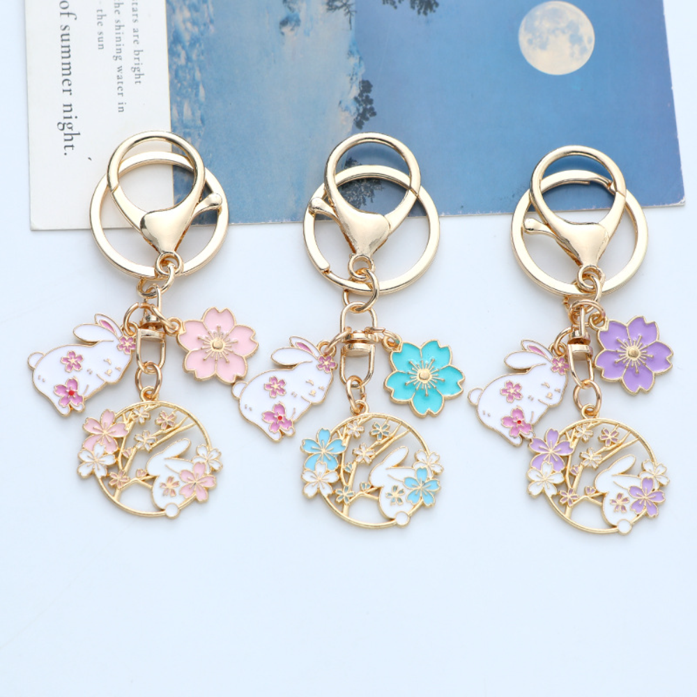 Enamel Finish Rabbit Keychain Decorative Purple Korean Fashion Enamel Keychain Pink 10*4*1cm Cherry Blossom Keychain for Daily