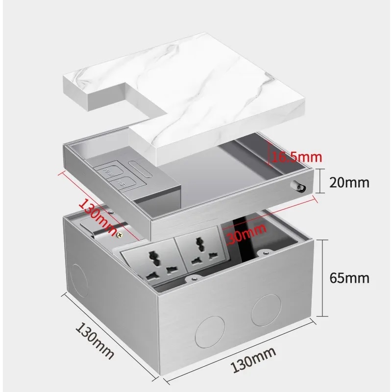 Ultra-Thin 304 Stainless Steel Concealed Floor Socket - Waterproof and Embedded for Flat Surfaces EU socket 130mm X 130MM. 