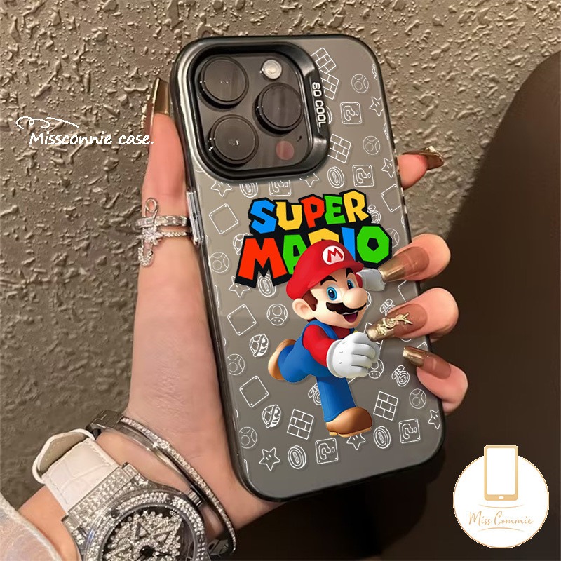 Cute Cartoon Super Mario Case Compatible for IPhone 16 11 15 14 13 12 Pro Max 7Plus XR X XS Max 15 7 16 8 Plus SE 2020 Luxury Plating Metal Lens Doodle Colored English Letter Cover