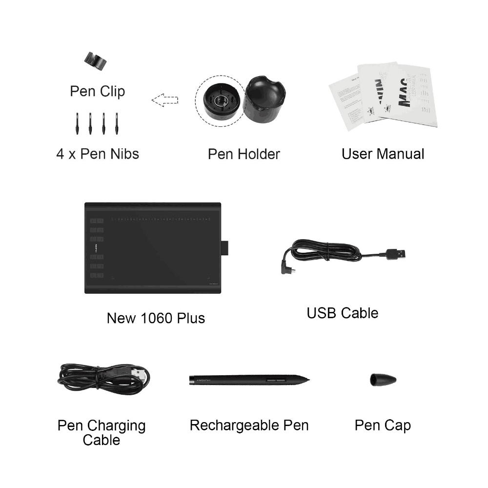HXSJ Huion Graphic Drawing Tablet Micro USB New 1060PLUS with Memory Card 12 Express Keys Digital Painting Rechargeable Pen. 