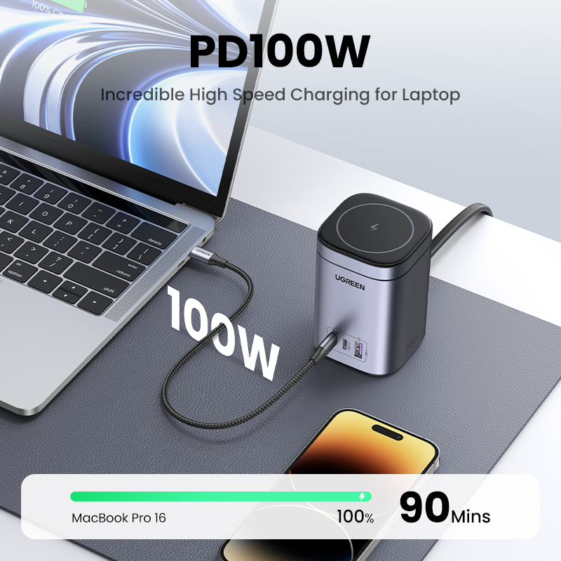 UGREEN Nexode 100W USB C Charger with MagSafe 15W Wireless Charger Stand, 4in1 GaN Desktop Charging Station for MacBook Pro/Air M2, iPhone 14 Pro Max/13, iPad, Dell XPS, Galaxy S23. 