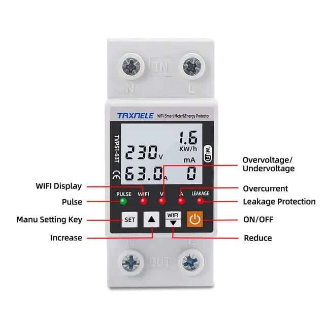 63A TUYA WiFi Smart Earth Leakage Over Under Voltage Protector Relay Device Switch Breaker Energy Power kWh Meter Smart Life. 