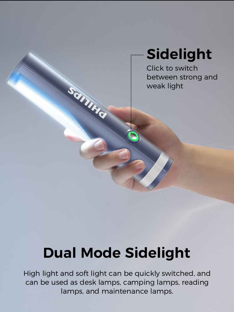 Philips Rechargeable Flashlight with Side Light, 4 Modes Portable Torch, LED Super Bright, Side Light as Desk Lamp, Camping Light, Reading Lamp. 