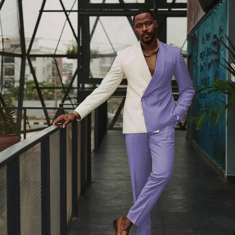 New Patchwork Men Suits 2 Pcs Double Breasted Man Blazer Sets Tuxedos Color Matching Prom Party Suit trajes de hombre Coat+Pant. 