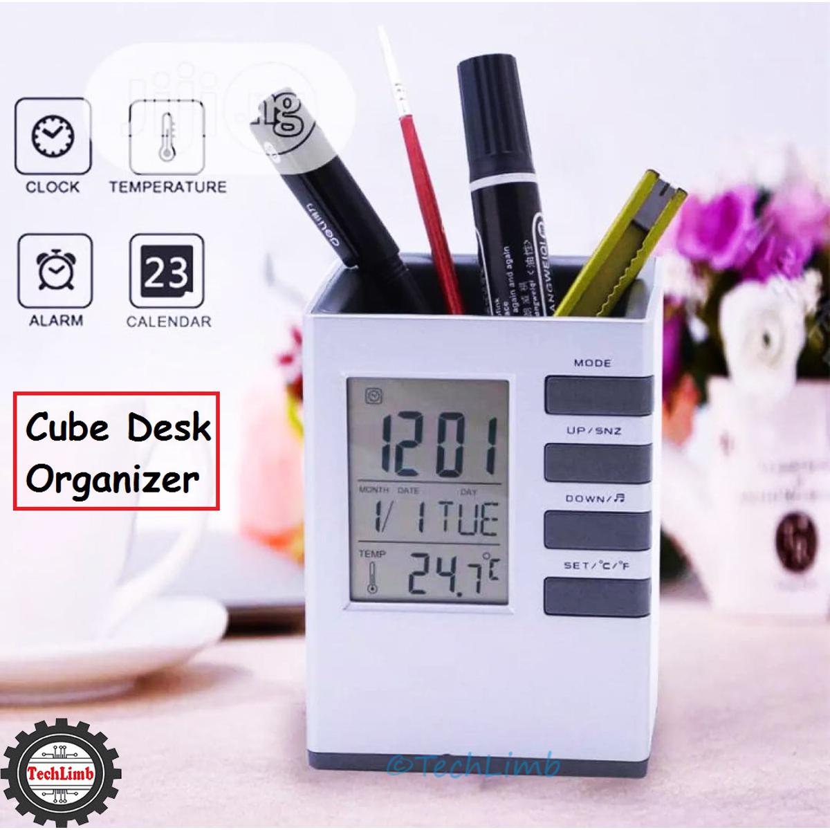CUBE Desk Pen Stand with Digital Clock, Temperature, Alarm & Calendar - Multifunctional Pen Holder for Office & Home Desk - TechLimb