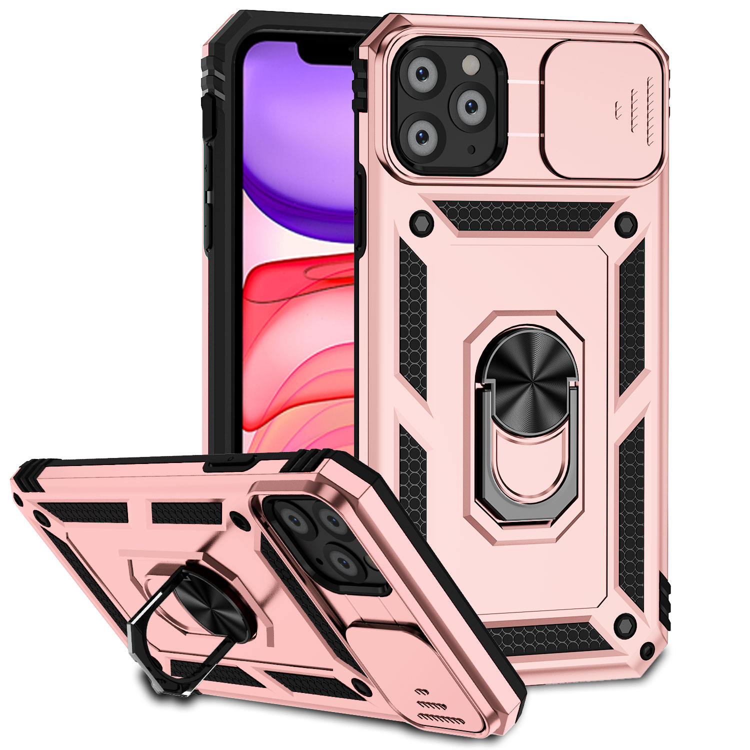 For iPhone 11 Pro Case with Slide Camera Cover, 360° Ring Holder Metal Kickstand, work for Phone Holder Car Mount, Drop Peep Protection. 