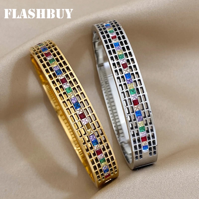 ALLYES Fashion Colored Rhinestone Zircon Stainless Steel Bangles Bracelets for Women Gold Color Waterproof Jewelry Gift. 