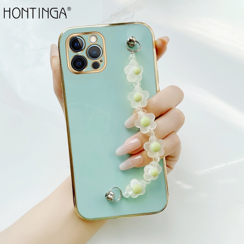 Hontinga for iPhone 14 Pro Back Cover With Yellow Flowers Bracelet Case Luxury 6D Plating Soft Silicone Phone Cases