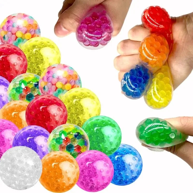 Kid Adult TPR Hand Squishy Ball with Net Rainbow Slime Glow Stress Relief Toy Squeeze Mesh Glitter Gel Bead Sensory Fidget Gfit. 