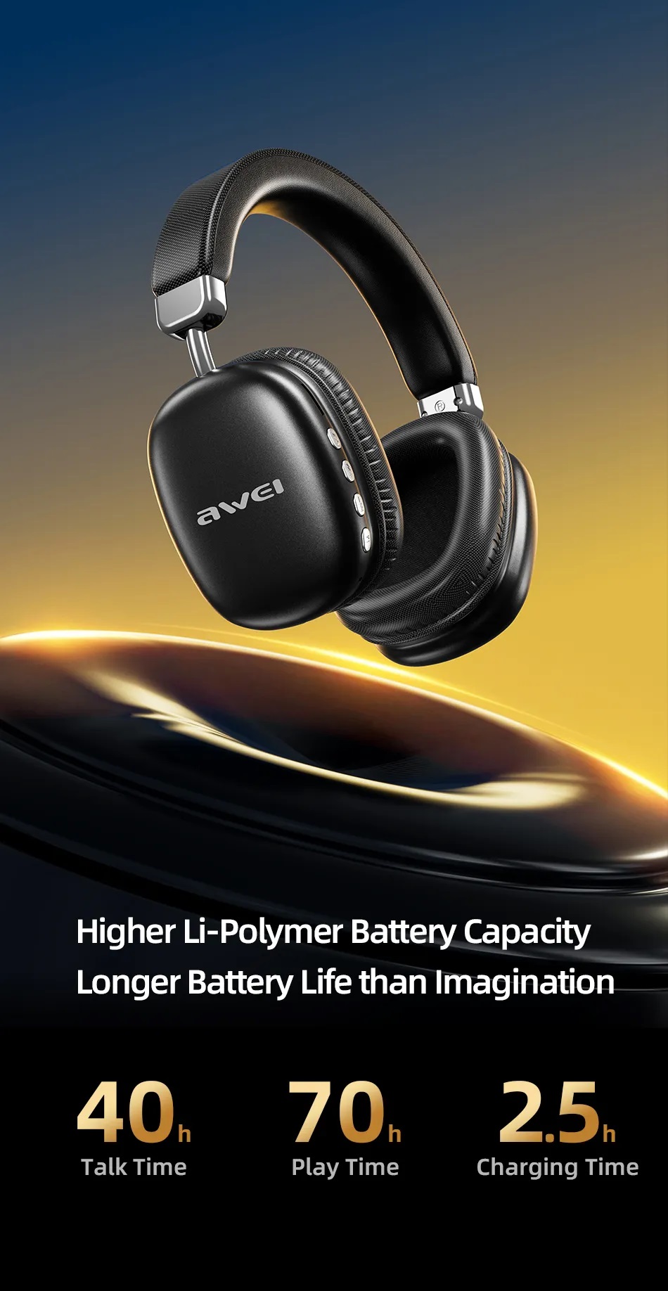 Awei AT7 True Wireless Hifi Overhead Earphone with 70hour music playback Time. 