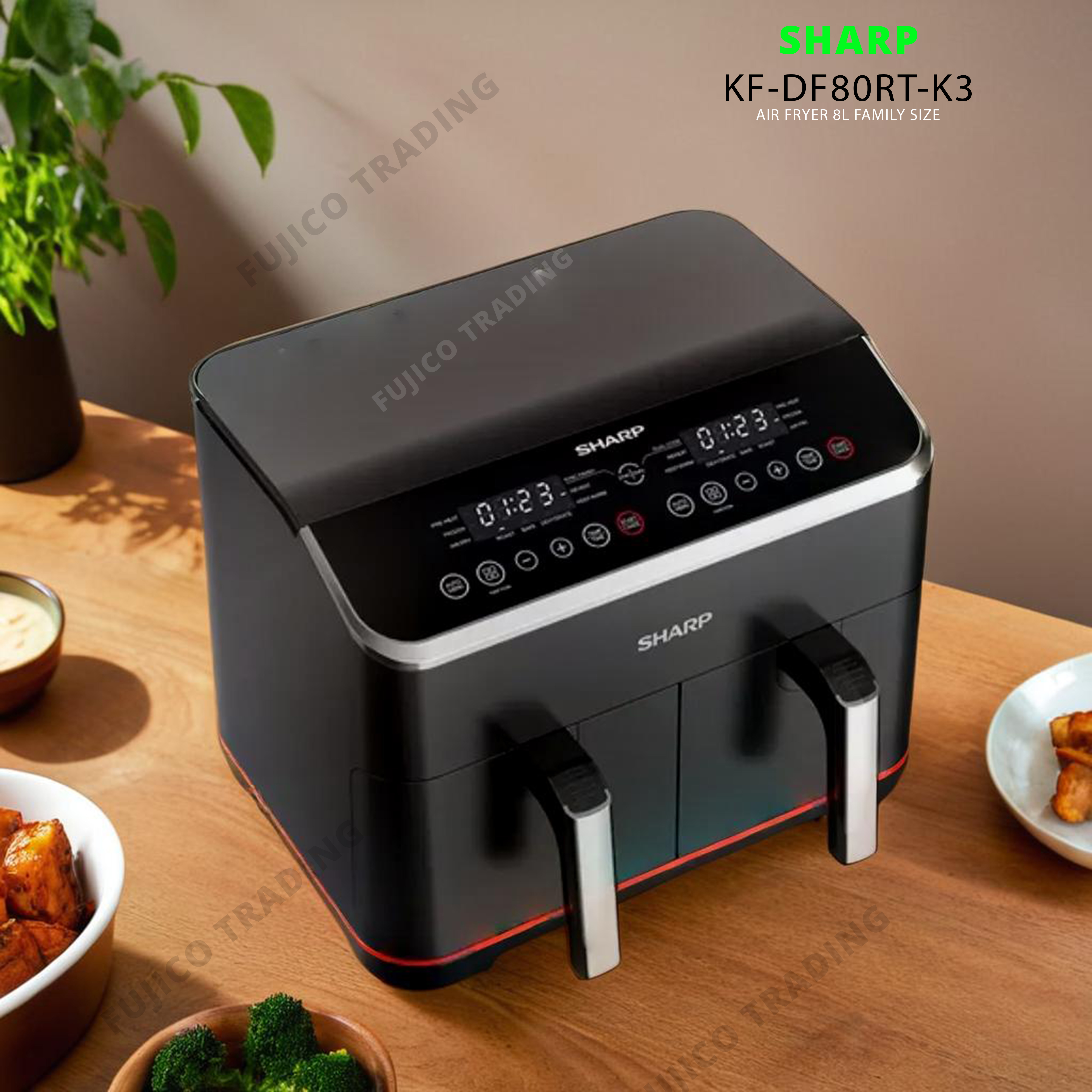 Sharp Double Basket Air Fryer, L, Black, KF-DF80RT-K3-1800 W - Main Image