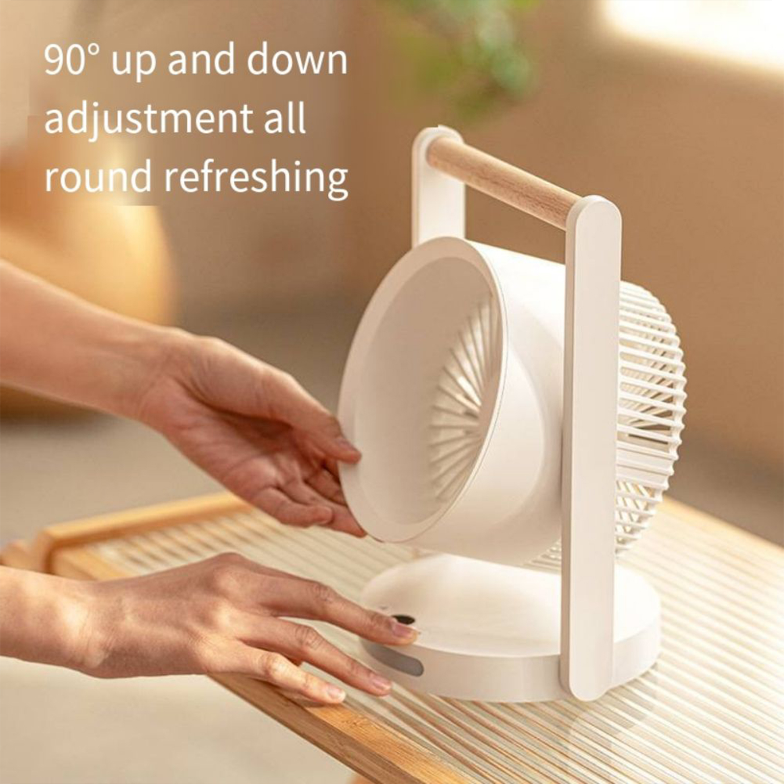 GC Mini Desk Fan, 90° Rotate Table Fan, Quiet Operation Table Fan With Wooden Handle, LED Night Light, 5 Speeds Strong Air, LED Battery Level Display. 