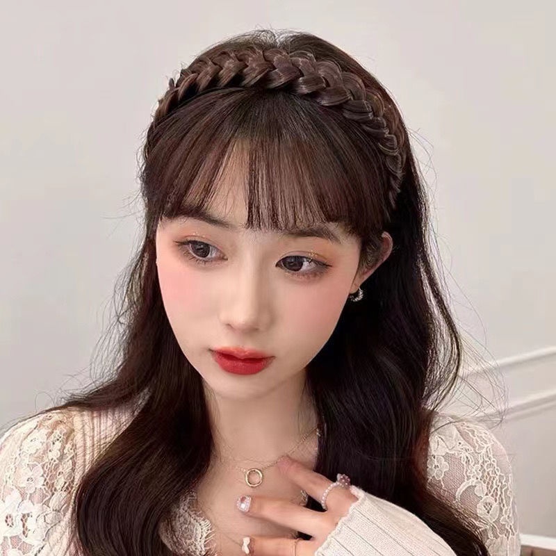 Synthetic Fake Bangs Hair Neat Fringe Bands with Double Row Braids Headband Heat Resistant Bangs In Hair Extensions Hairpieces. 