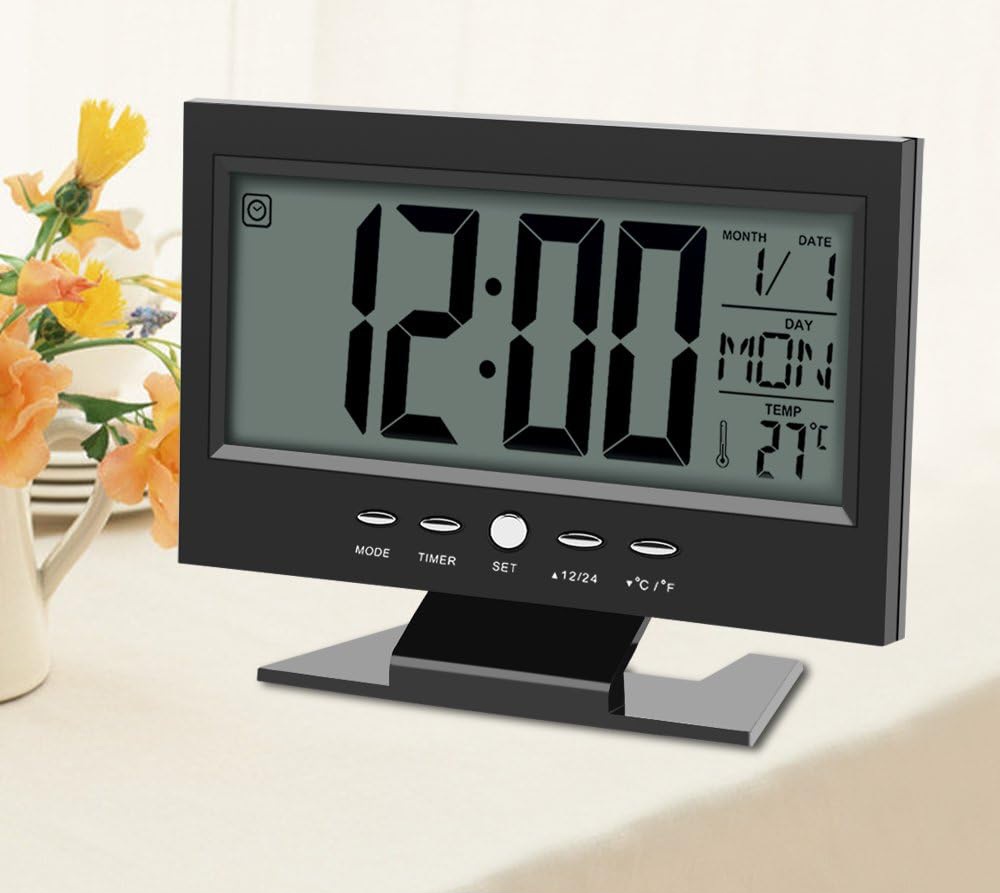 Voice Control Back-Light LCD Table Clock with Alarm. 