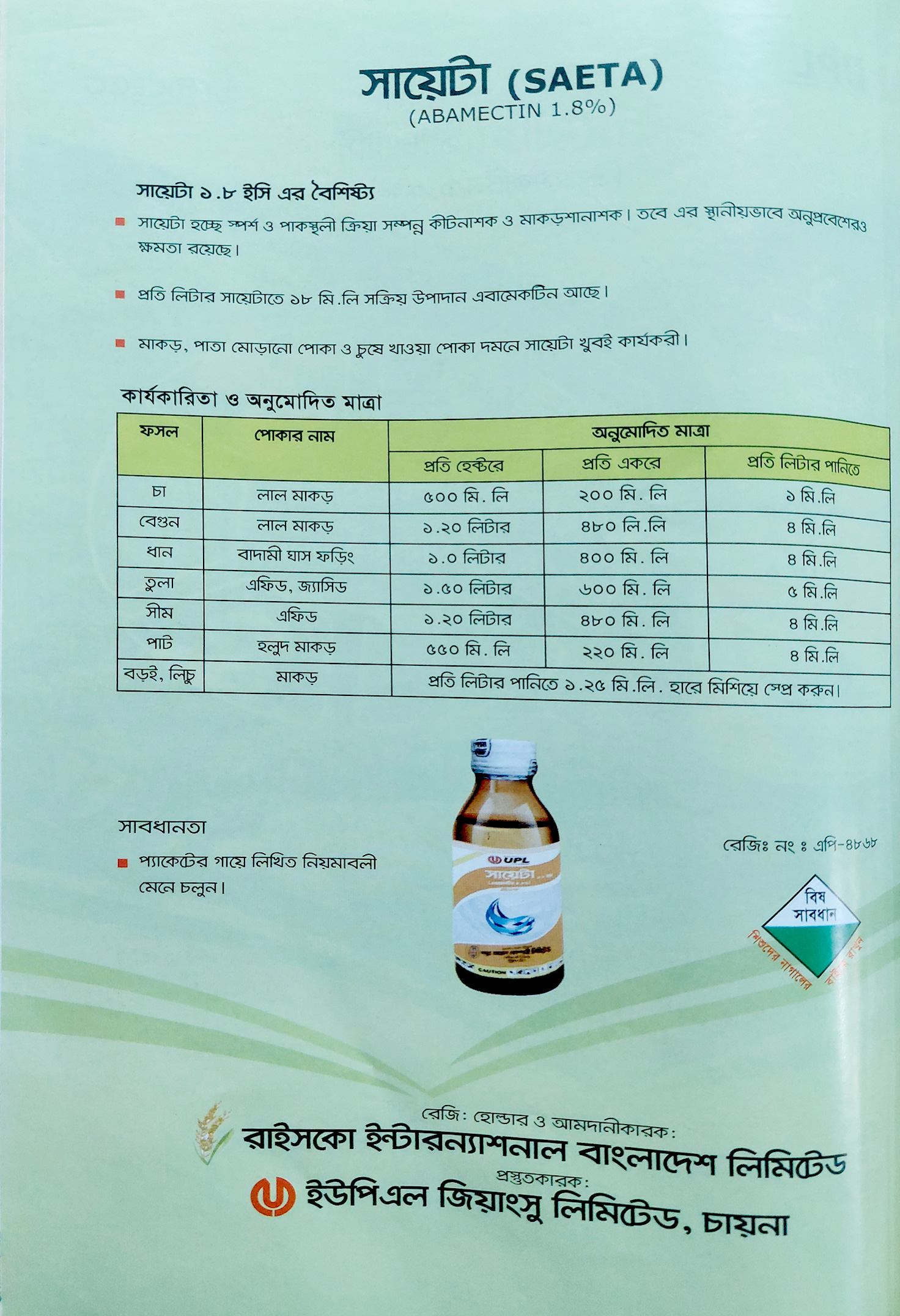 Miticide: Saeta 1.8 EC (Abamectin) 100ml. 