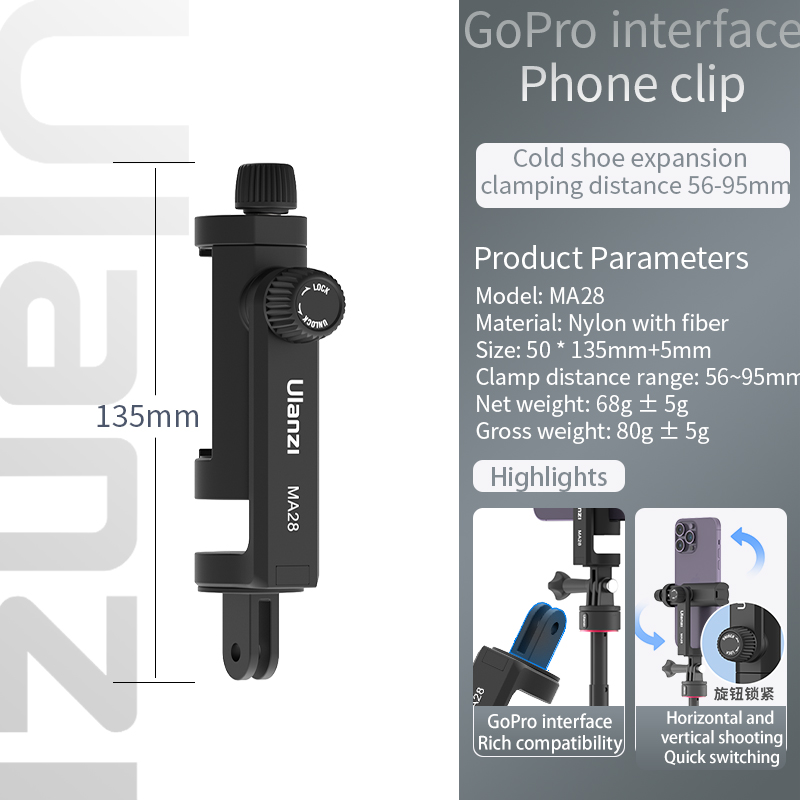 Ulanzi MA28 Phone Stand Clamp Gopro Tripod Mount 360 Rotation Phone Clip with Cold Shoe for Microphone Led Video Vlog Live. 