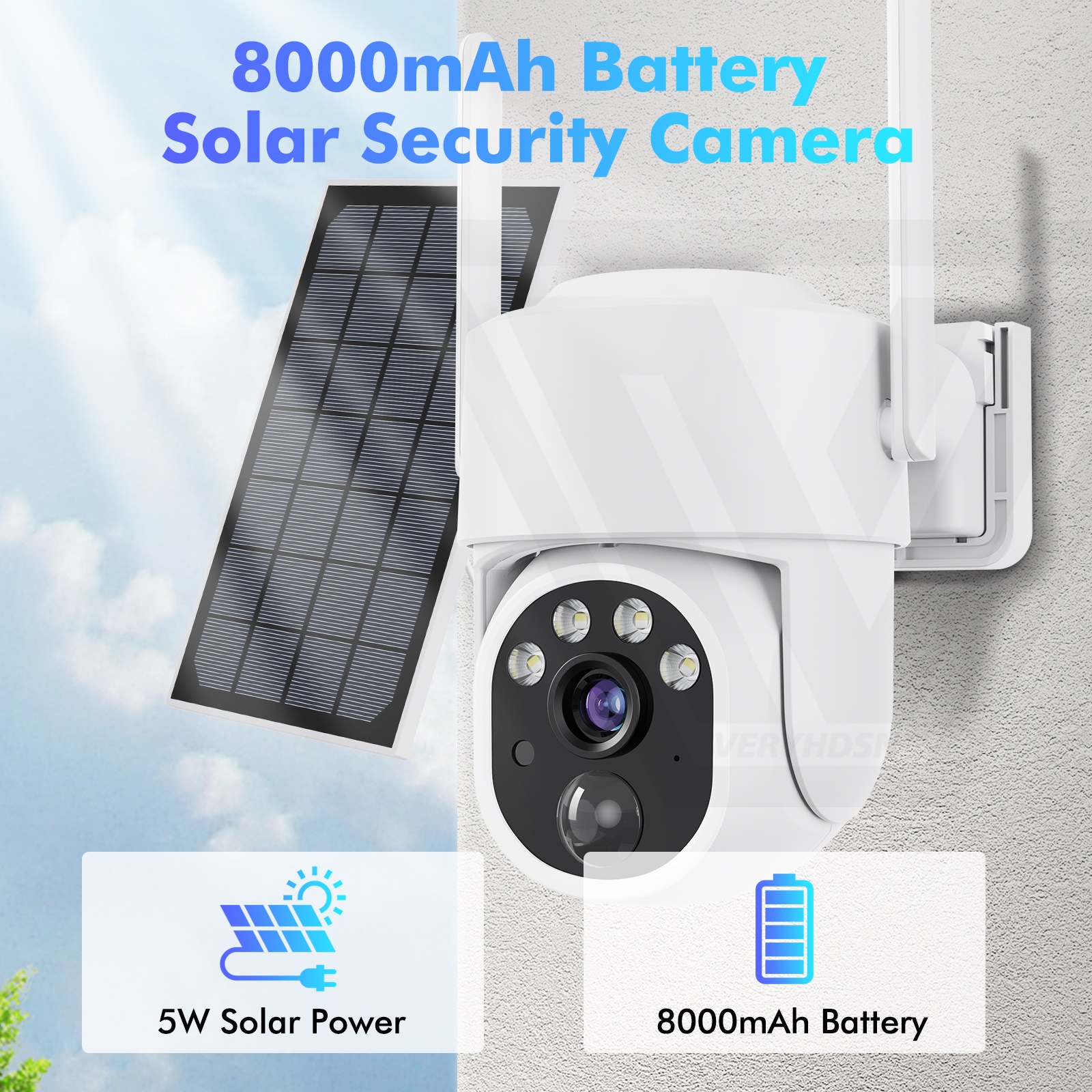 5MP IP Solar Power WiFi Camera PTZ Outdoor IP66 Waterproof 8000mAh Built-in Battery Surveillance Cam PIR Human Detection 5X Zoo. 