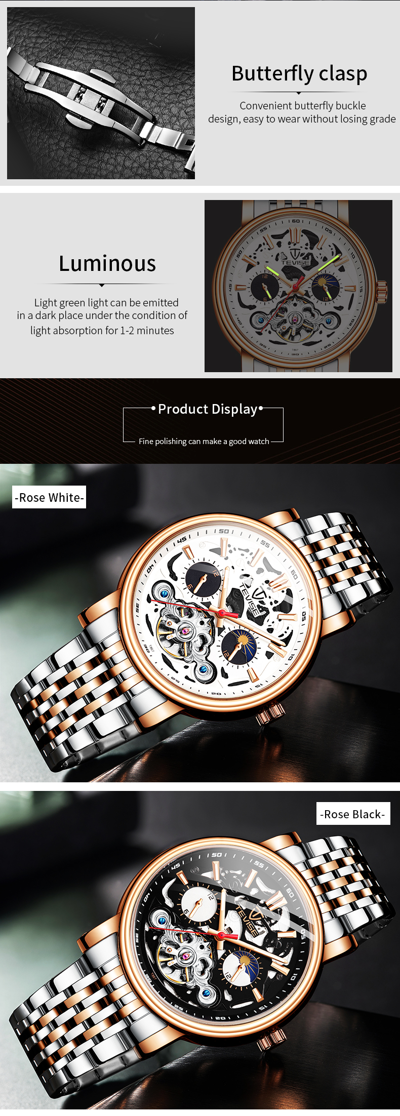 TEVISE T867 Luxury Branded Watches Automatic Wrist Watch Stainless Steel Men Skeleton Watch for gift
