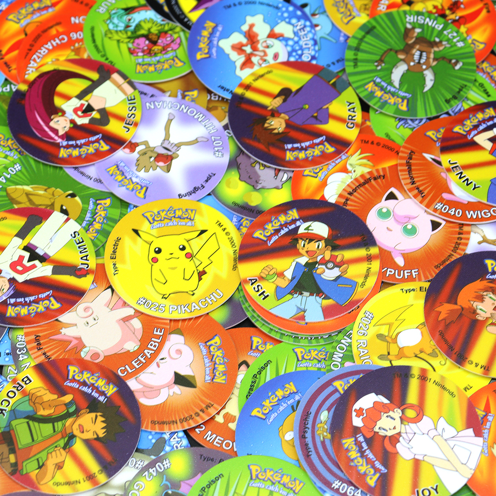 30pcs Ash Ketchum Tazos Pokemon Starter Pokemon Taps Collection Card Pikachu Trainer Round Pogs Cheetos Chipitaps 1st Edition MuXiaRe. 