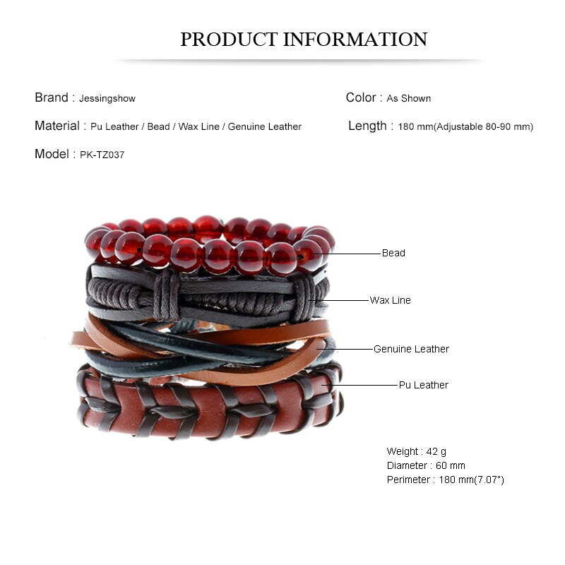 Jessingshow 4pcs/set Gypsy Hippie Punk Style Light Dark Brown Beads Wrap Leather Cord Layers Stackable Bracelets Bangle Man Set. 