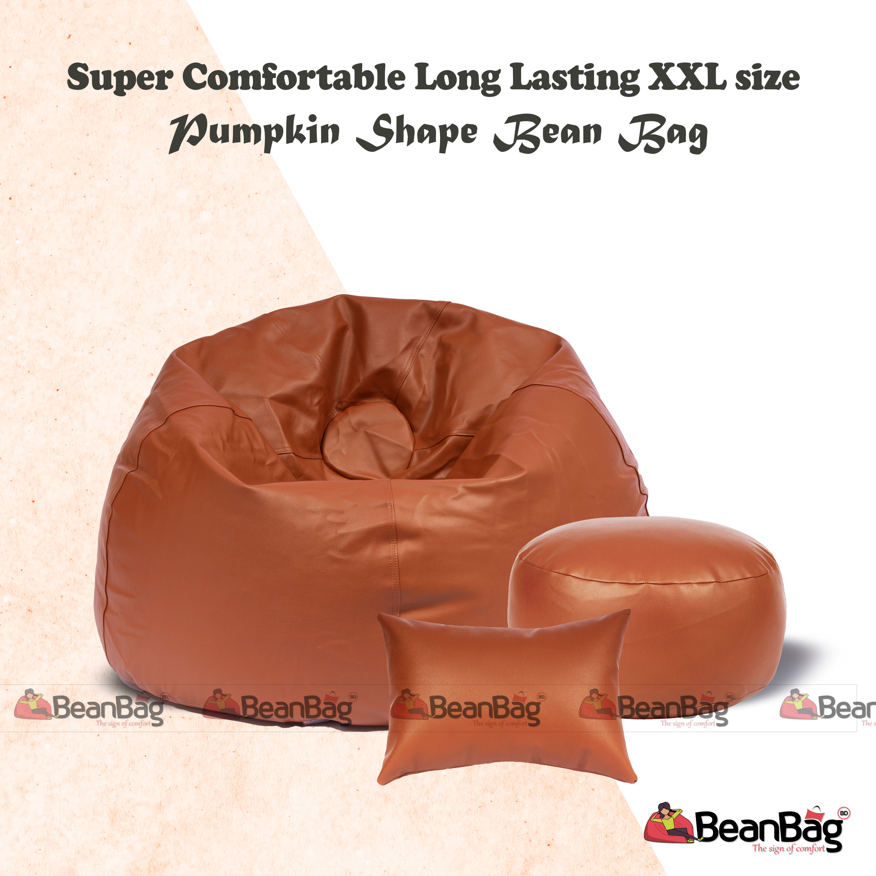 Bean Bag BD-XXL Size Pumpkin Shape Bean Bag Full Set_ Bean Bag, Footrest & Pillow_Brown Colour_Premium Quality