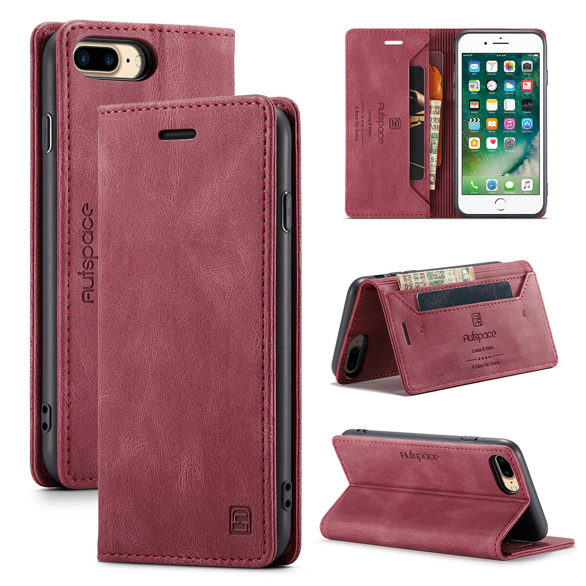 lthmy for iPhone 7 Plus / 8 Plus Vintage Leather Flip Cover Stand Magnetic Closure Shockproof Protective Case