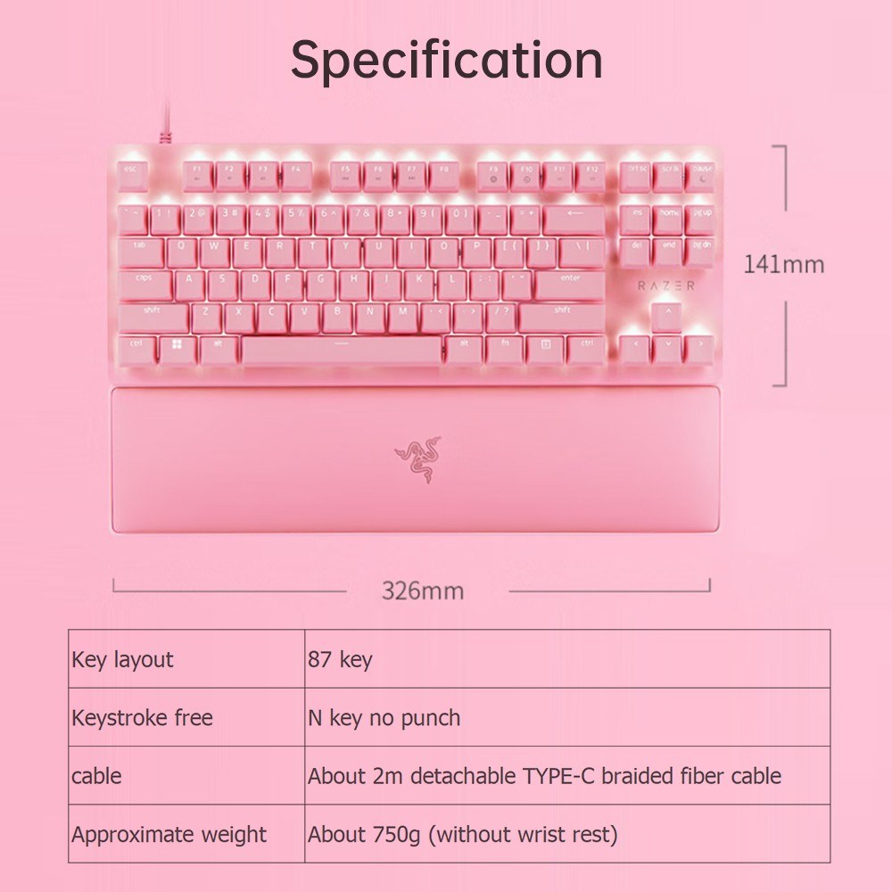 Razer V2 87 key RGB mechanical keyboard with wrist rest - pink. 