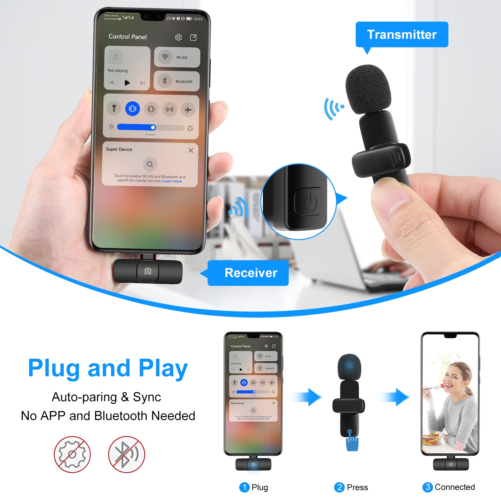 PULUZ PU3151B One-Trigger-Two Mini 2.4G Wireless Microphone System Clip-on Mic Replacement for Type-C Android Smarphones Tablets. 