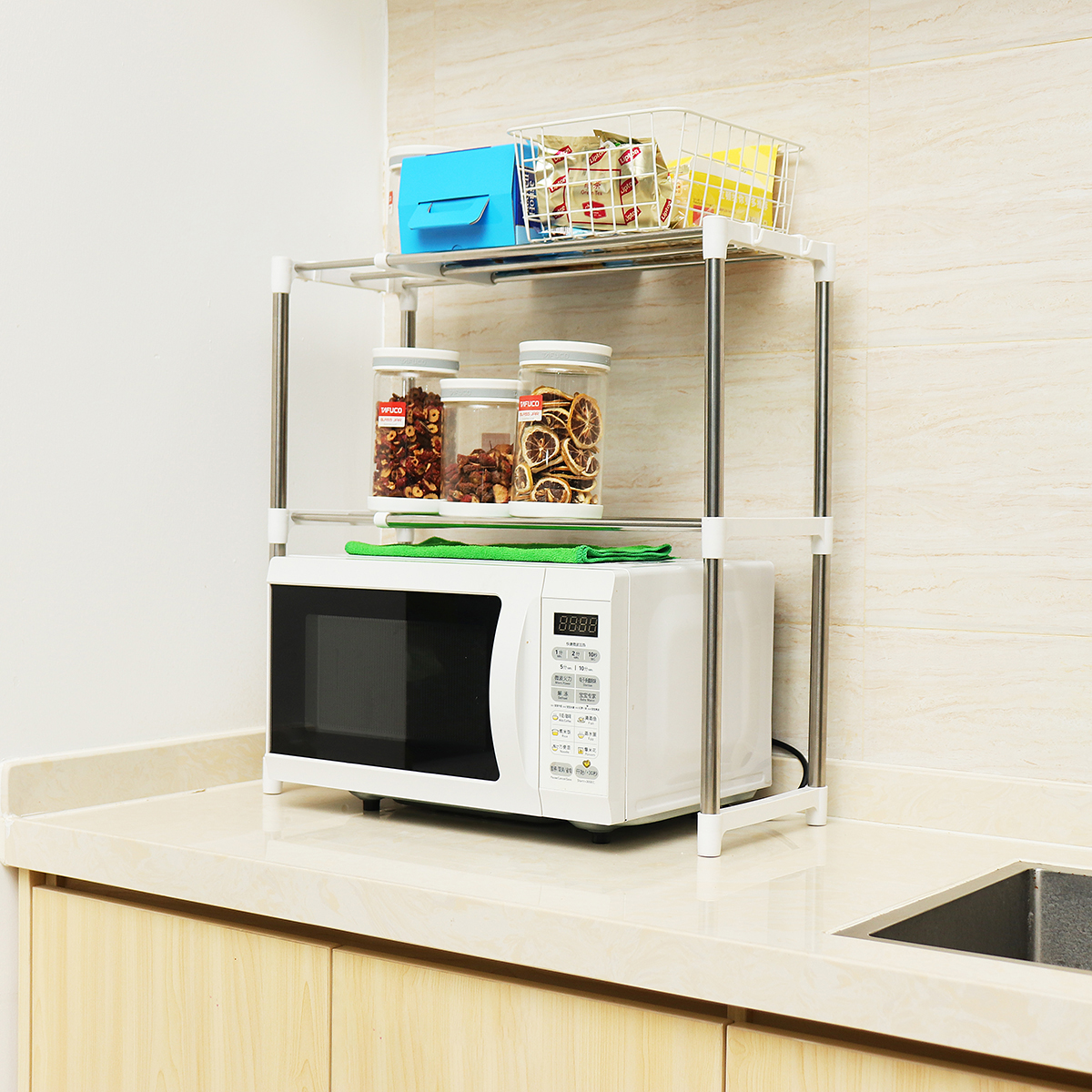 Two-Tier Multifunctional Stainless Steel Fine Mesh Silver Microwave Oven Rack Kitchen Shelves -. 