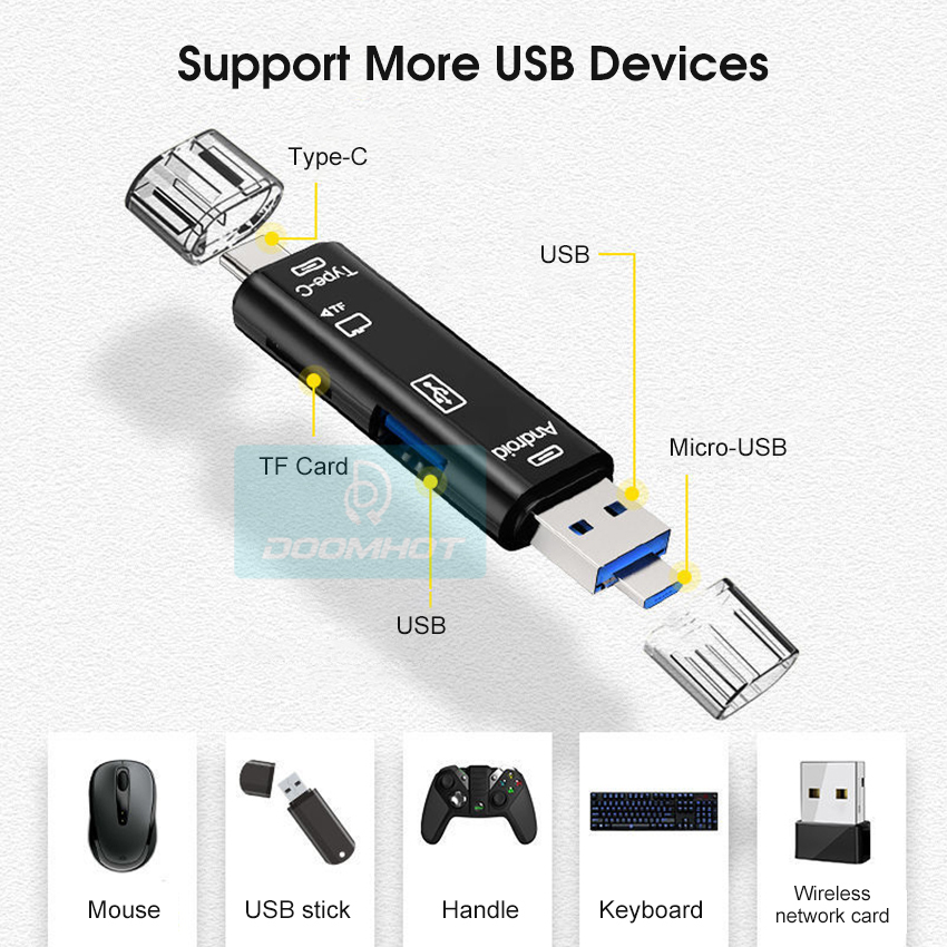 DoomHot Multifunctional 6-In-1 USB C Memory Card USB2.0 + Type-c + Micro + USB 3-In-1 Interface + TF / SD Card Reader 6-In-1 / 5-In-1 480mbps/s. 