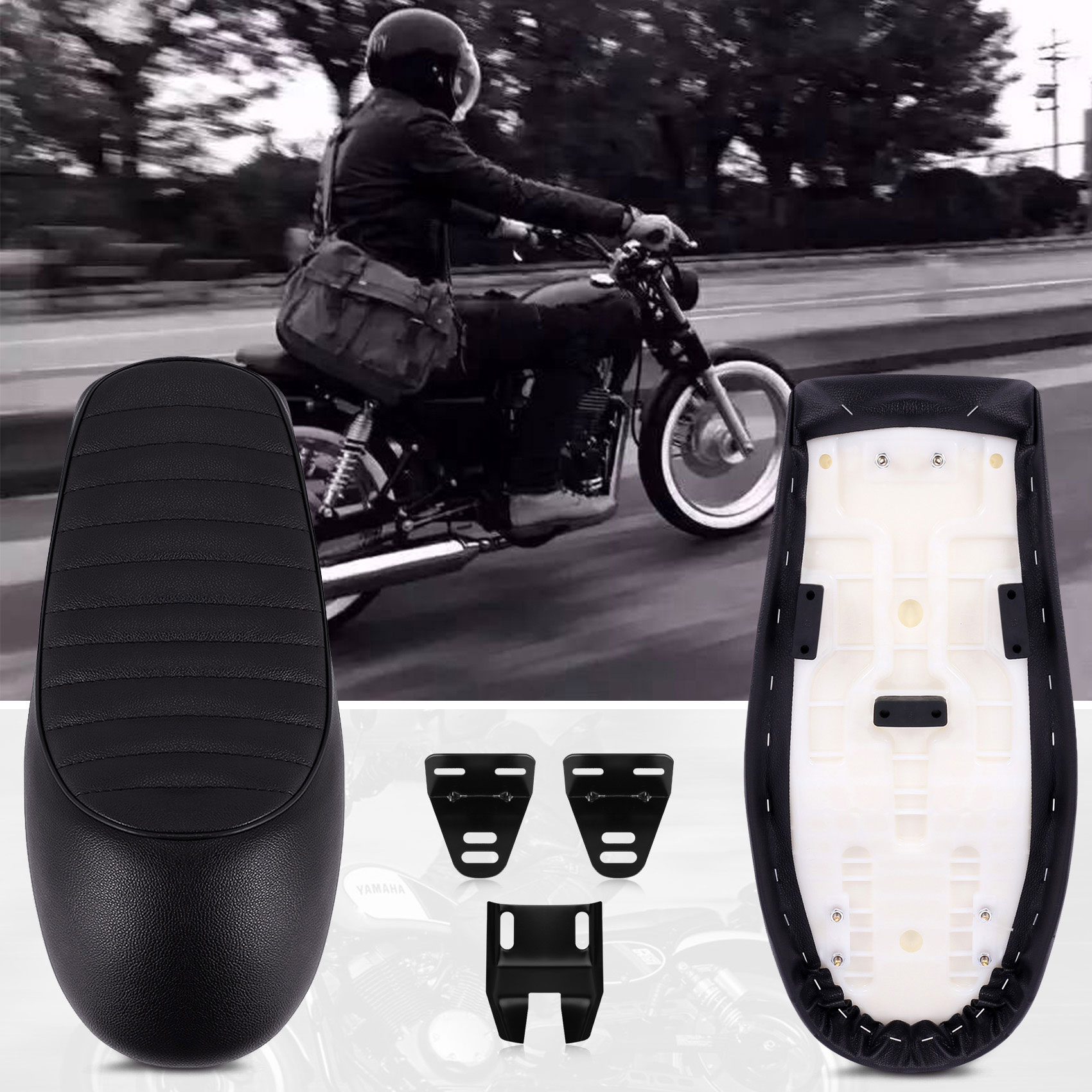 Motorstoel, motorfiets plat vintage zitkussen zadel PU lederen cafe racer stoel met montagebeugels voor CG125 GN CG CB200 CB350 CB400SS CB500 CB750 SR500 XJ XS (sectie A