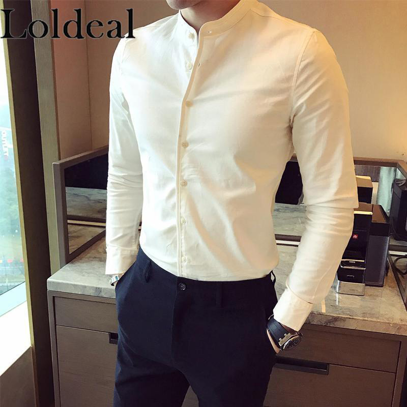 Long Sleeve White Dress Shirt Men Black 