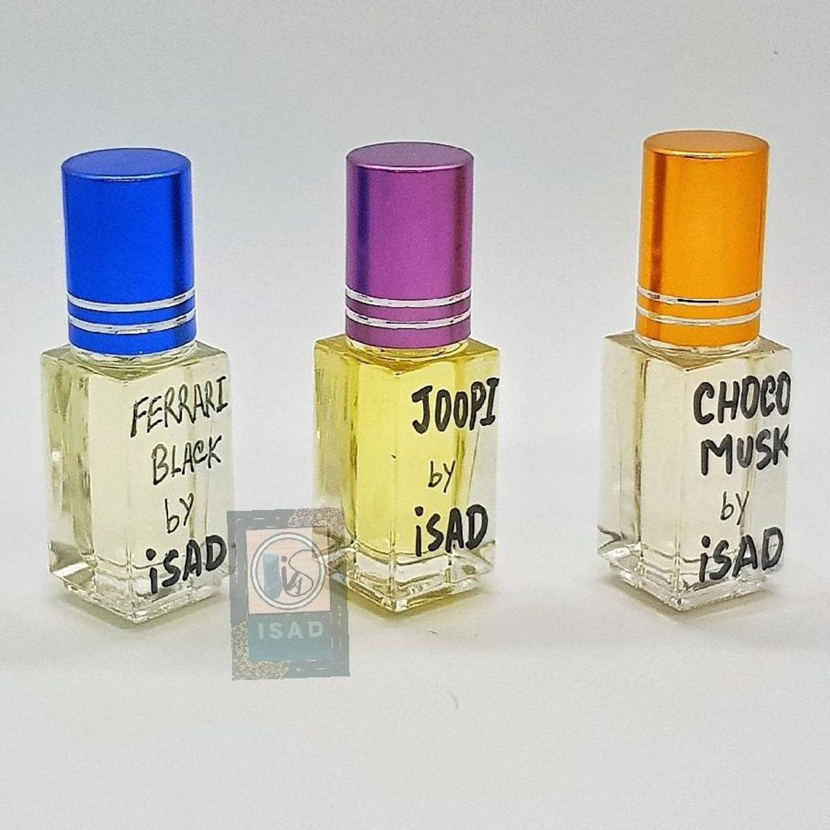Ferrarii Black,Joopi.Choco Muskk-3 Pieces Halal Attar/3 Pcs Attar Combo Pack/3 Different Smell Flavour Combo Rt Perfume Ator/Combo Ator-(3.5Ml Each Bottle)/Concentratd Attar Combo Pack(Ferrarii Black,Joopi.Choco Muskk) - Ator