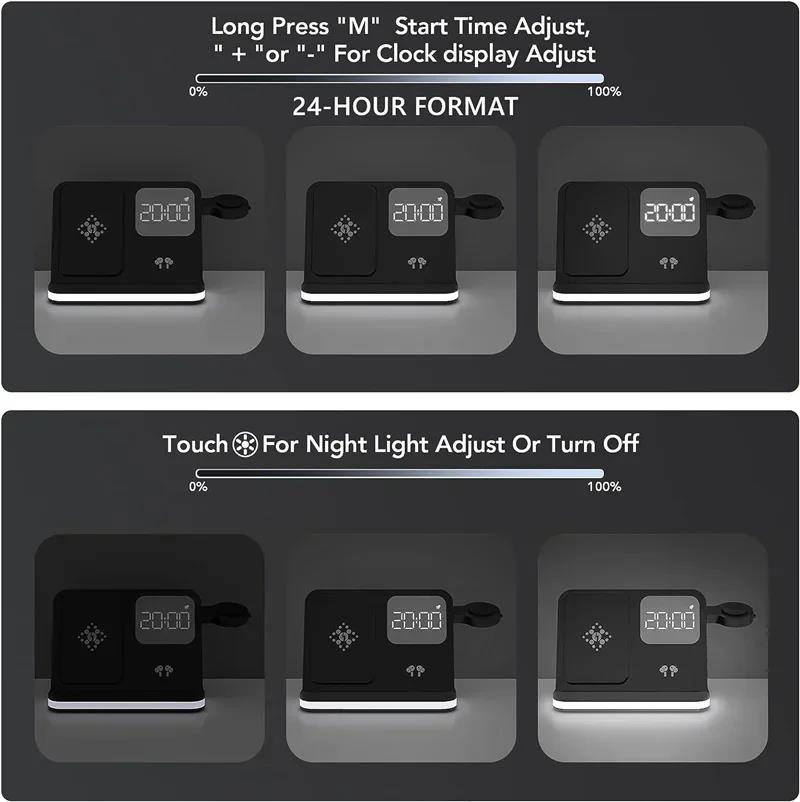 6 in 1 LED Fast Wireless Charger Stand Charging Station Clock Alarm For iPhone 15 14 13 12 11 Apple Watch 2-9 Series Airpods Pro. 