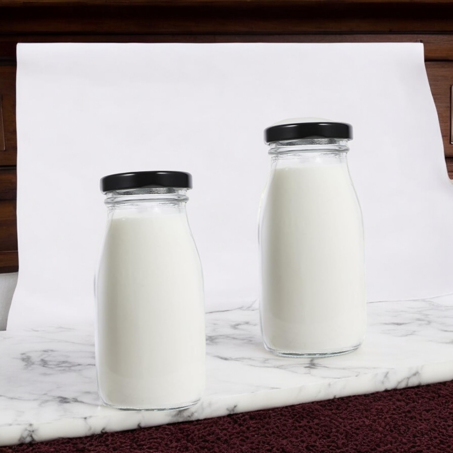 Glass Milk Bottle 300 Ml, Clear with Cap, Suitable for Cold Tea, Smoothies